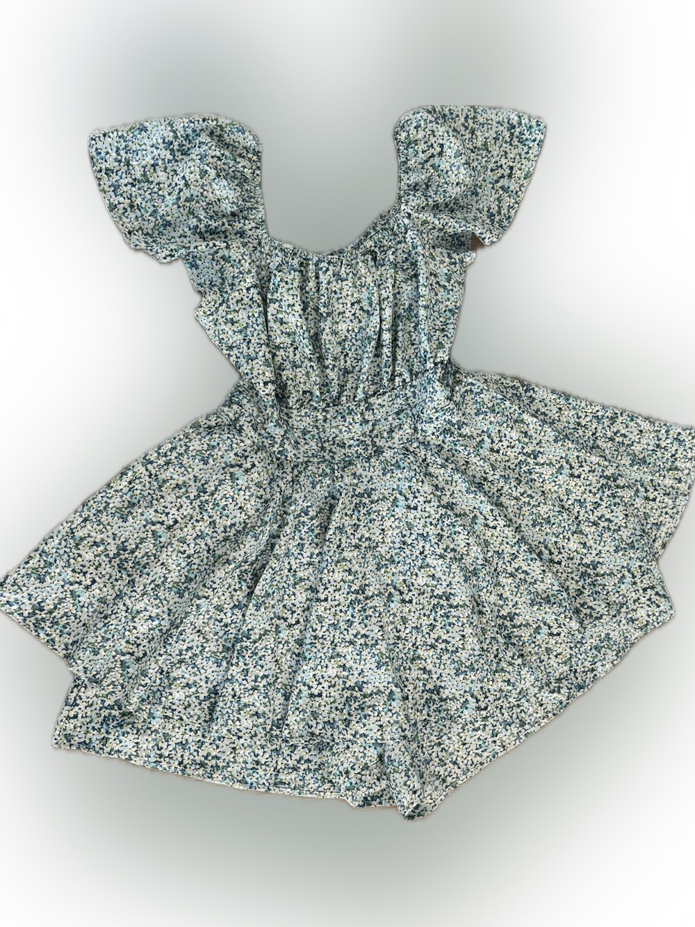 Exlura Blue Floral Mini Romper with Ruffle Sleeves Tie Back Size L
